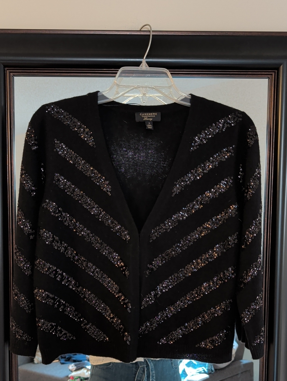 Charter Club Luxury 100% Cashmere Black Sequin Stripe Cardigan